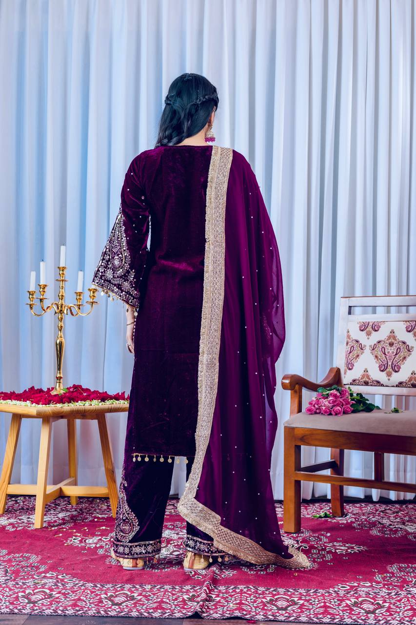 Violet Designer Viscose Velvet Plazzo Top and Dupatta For Party Wear