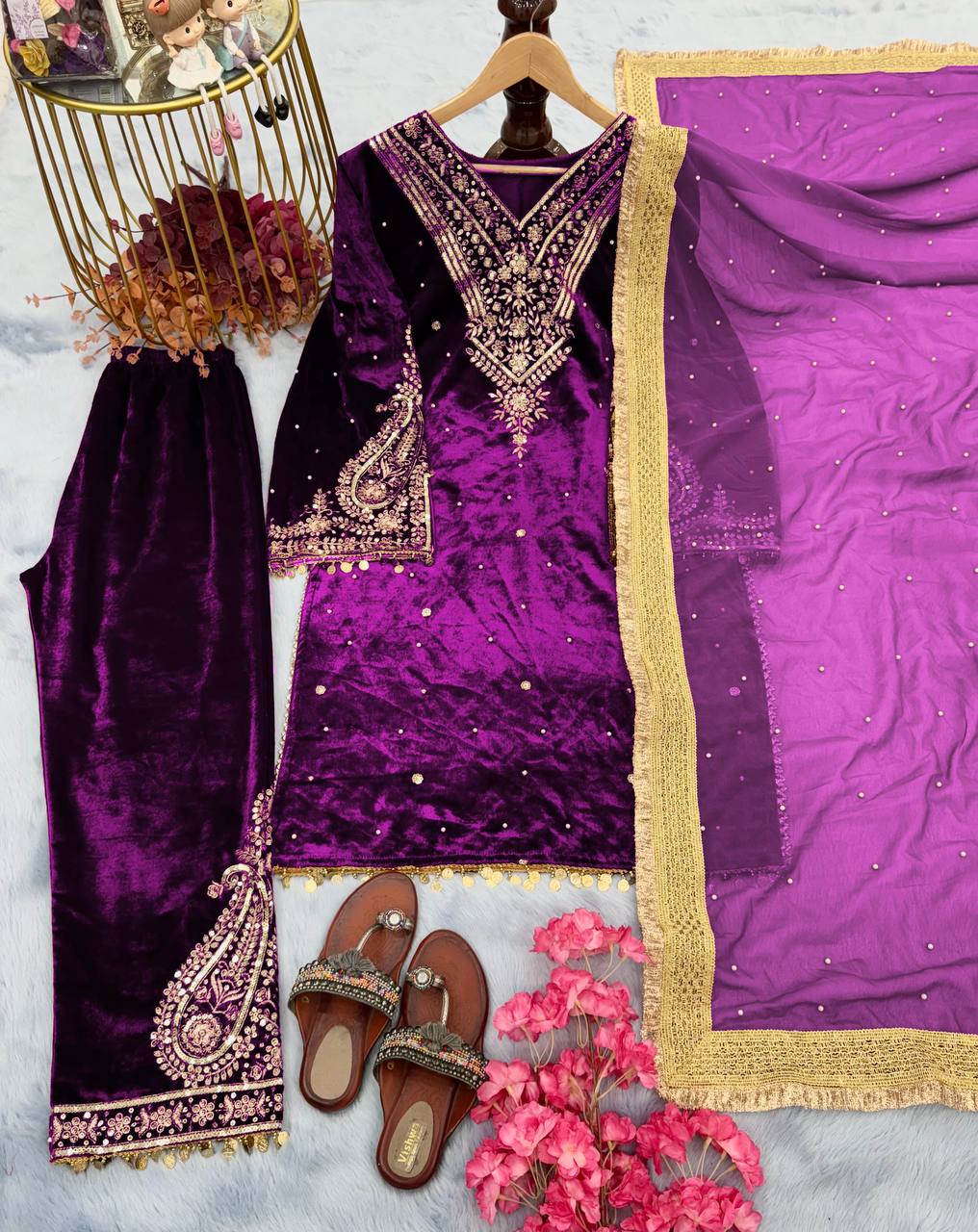 Violet Designer Viscose Velvet Plazzo Top and Dupatta For Party Wear