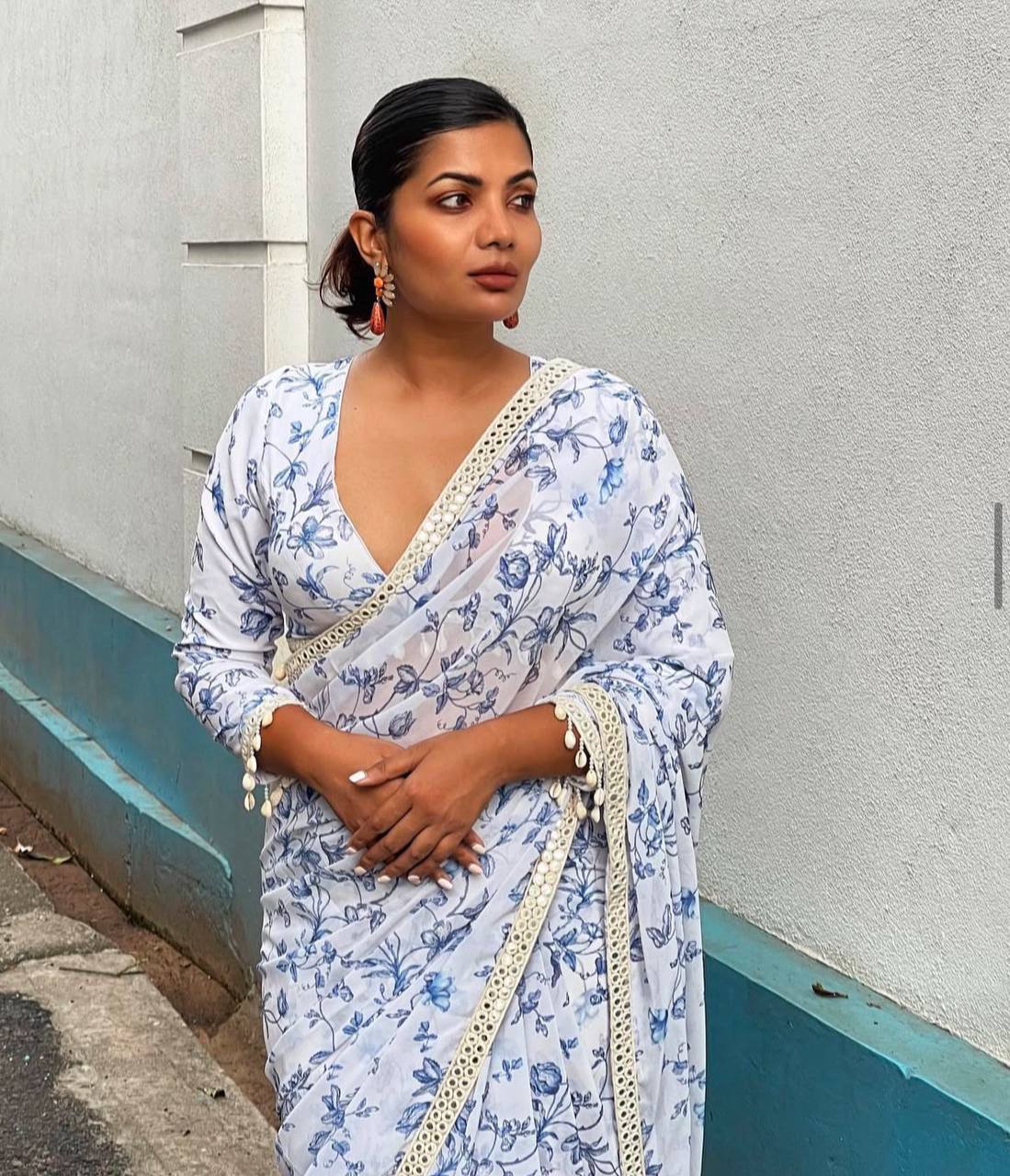 White and Blue Print Georgette Saree with Mirror Lace Real Kodi Border