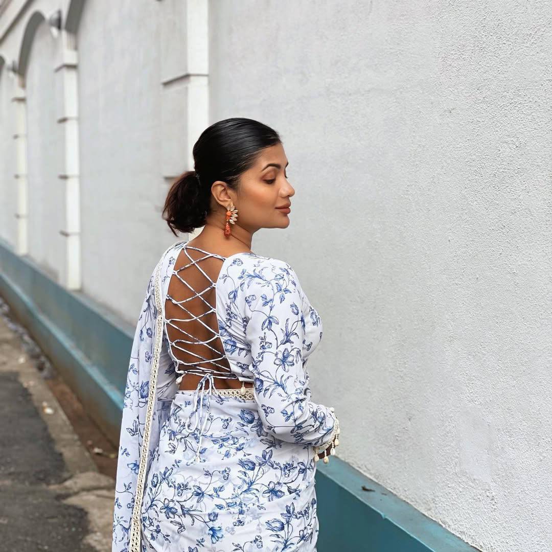White and Blue Print Georgette Saree with Mirror Lace Real Kodi Border