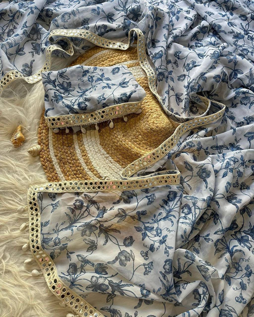 White and Blue Print Georgette Saree with Mirror Lace Real Kodi Border