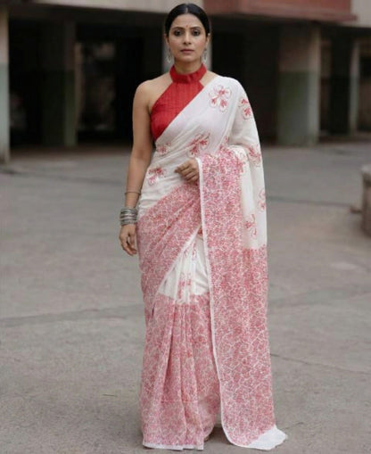 White and Pink Soft Mulmul Cotton Digital Print Saree with Banglori Blouse