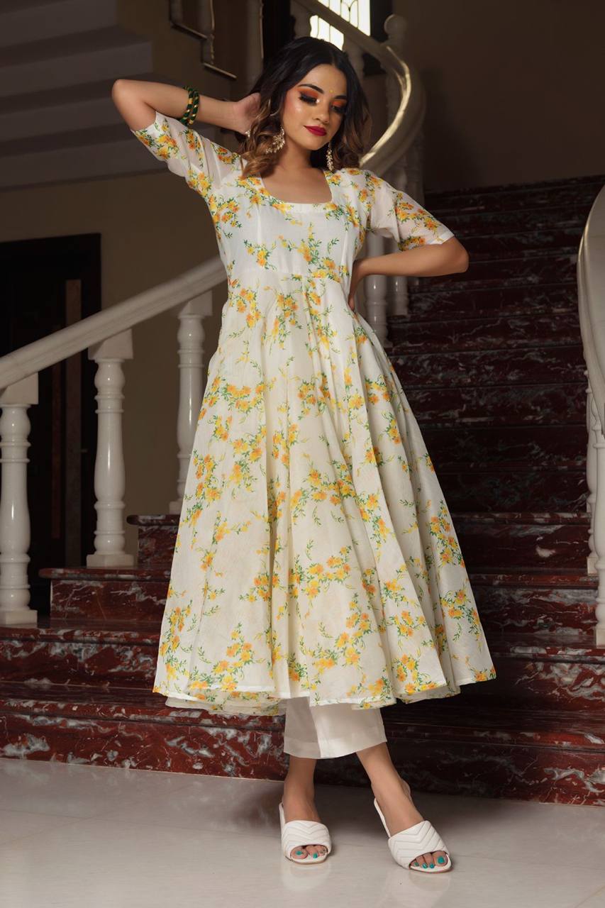 White and Yellow Organza Digital Print Kurti Set with Dupatta & Plazzo