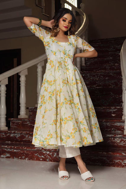 White and Yellow Organza Digital Print Kurti Set with Dupatta & Plazzo