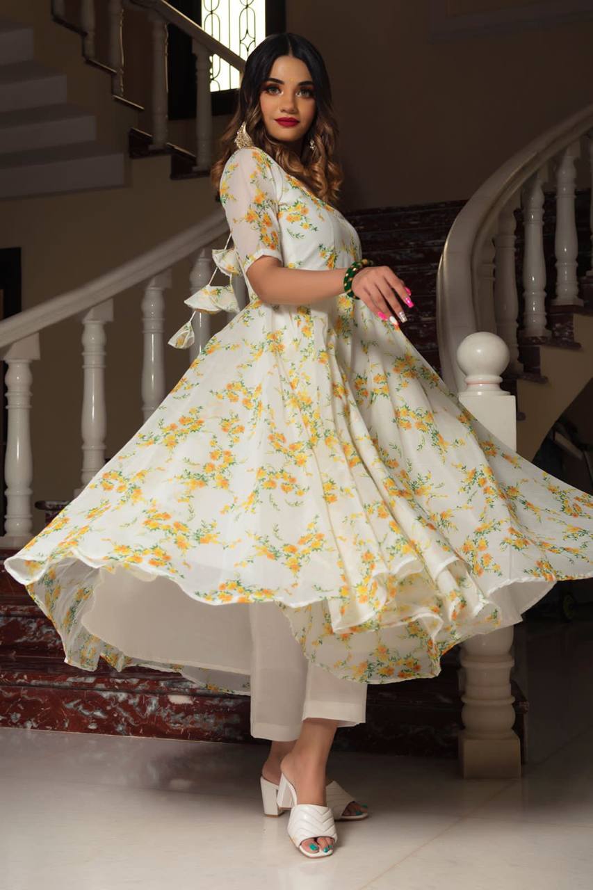 White and Yellow Organza Digital Print Kurti Set with Dupatta & Plazzo