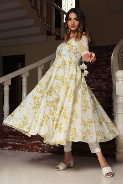 White and Yellow Organza Digital Print Kurti Set with Dupatta & Plazzo