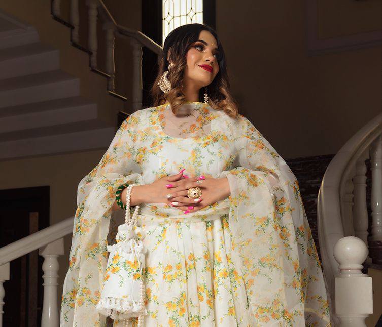 White and Yellow Organza Digital Print Kurti Set with Dupatta & Plazzo