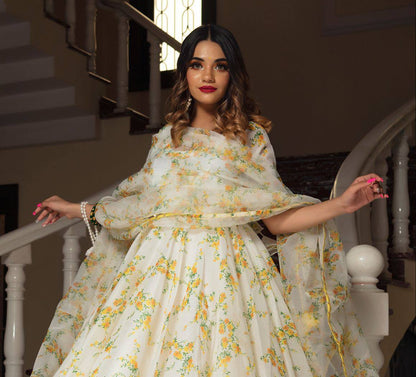 White and Yellow Organza Digital Print Kurti Set with Dupatta & Plazzo