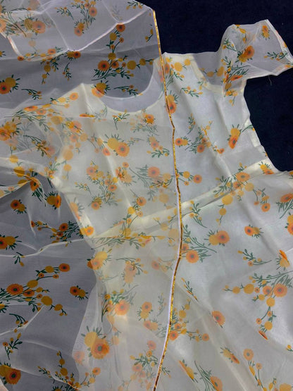 White and Yellow Organza Digital Print Kurti Set with Dupatta & Plazzo