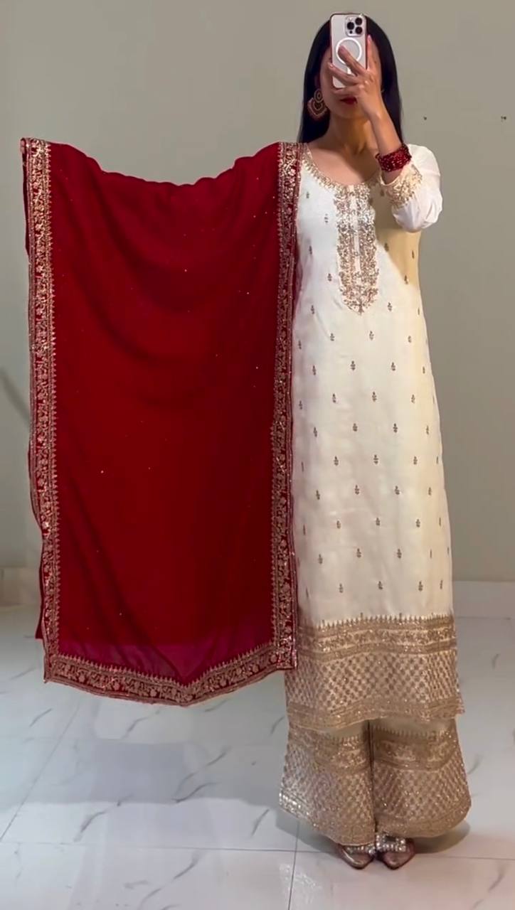 White Chinnon Silk Embroidery Top Pant and Dupatta For Party Wear