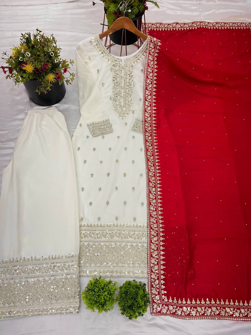 White Chinnon Silk Embroidery Top Pant and Dupatta For Party Wear