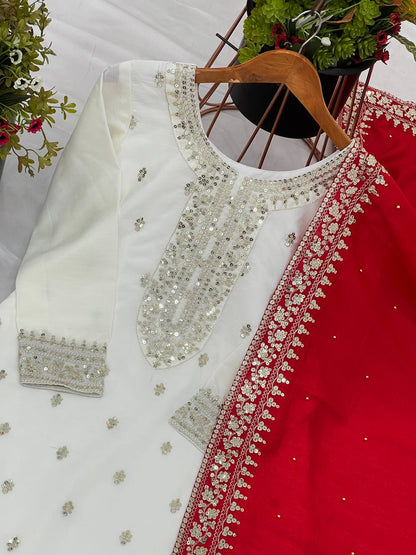 White Chinnon Silk Embroidery Top Pant and Dupatta For Party Wear