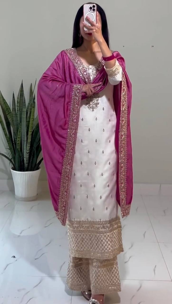 White Chinnon Silk Embroidery Top Pant and Pink Dupatta For Party Wear