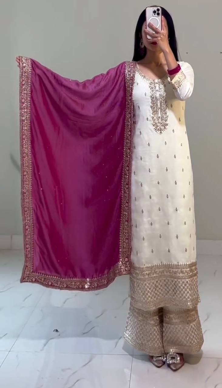 White Chinnon Silk Embroidery Top Pant and Pink Dupatta For Party Wear
