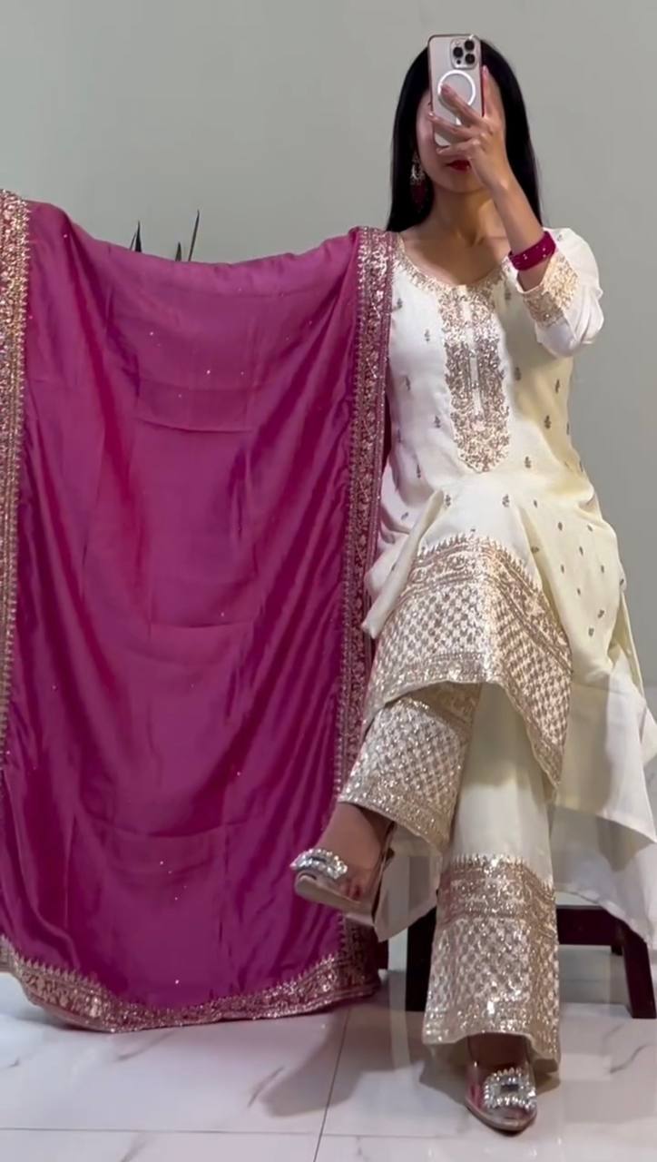 White Chinnon Silk Embroidery Top Pant and Pink Dupatta For Party Wear