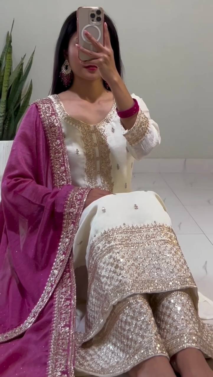 White Chinnon Silk Embroidery Top Pant and Pink Dupatta For Party Wear