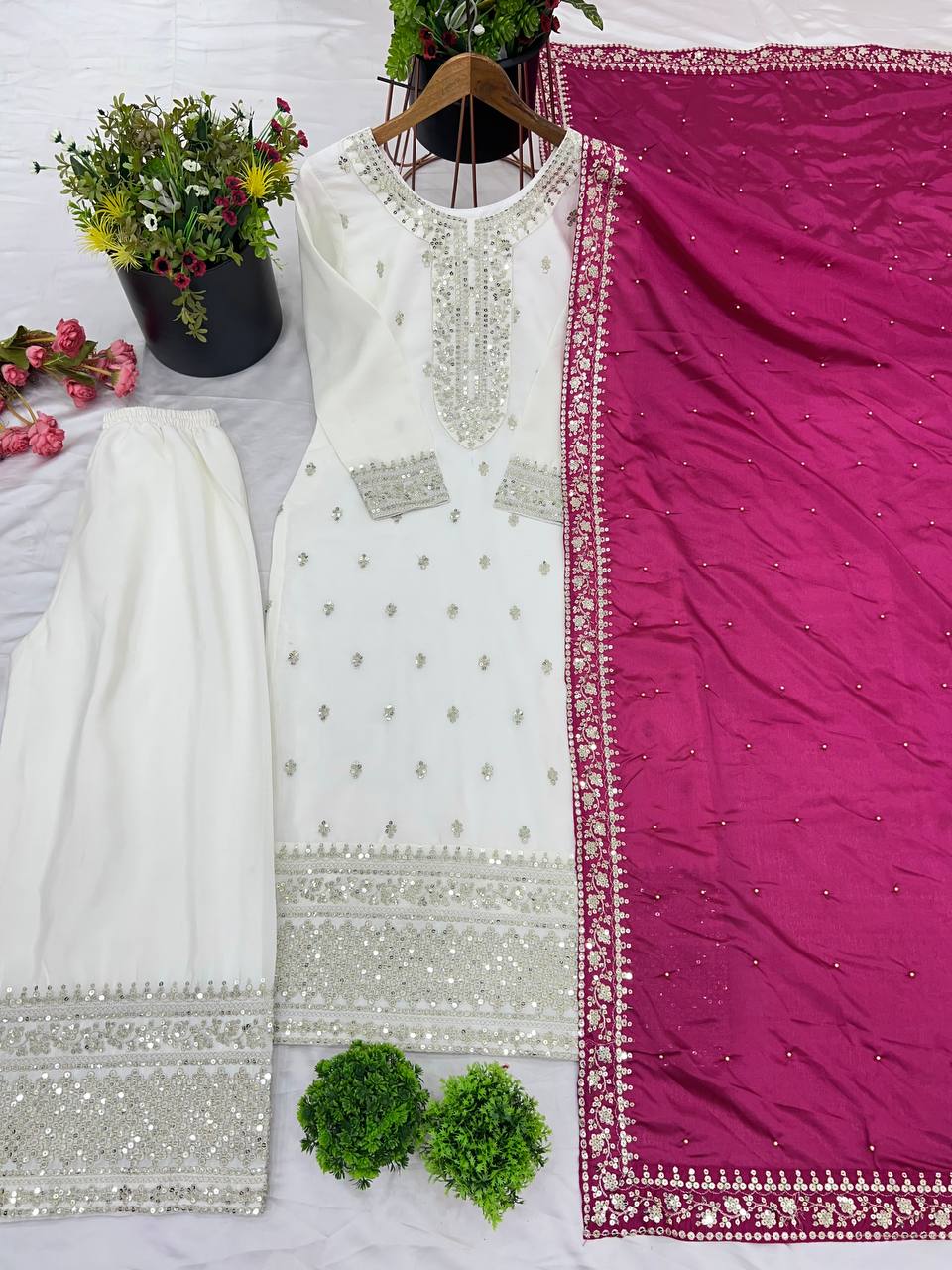 White Chinnon Silk Embroidery Top Pant and Pink Dupatta For Party Wear