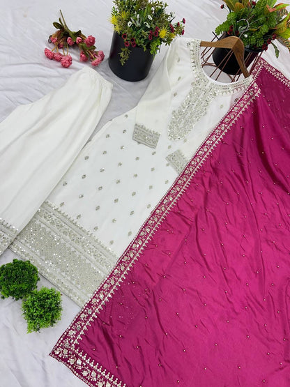 White Chinnon Silk Embroidery Top Pant and Pink Dupatta For Party Wear