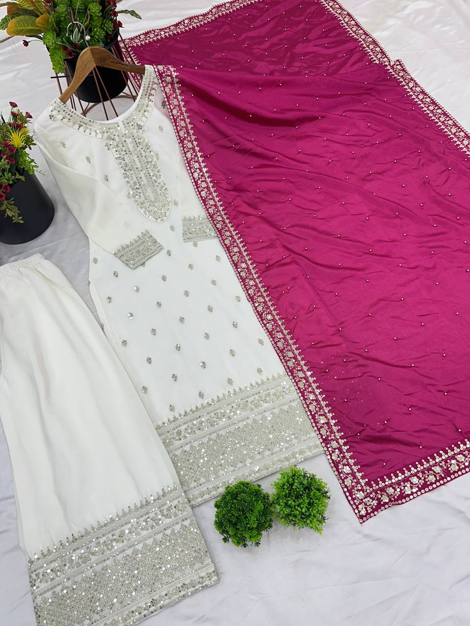 White Chinnon Silk Embroidery Top Pant and Pink Dupatta For Party Wear