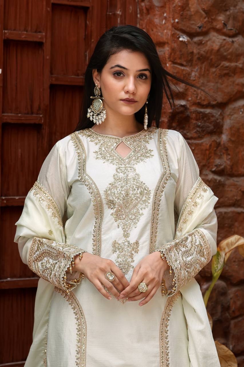 White Designer Chinon Silk Plazzo Top and Dupatta For Party Wear