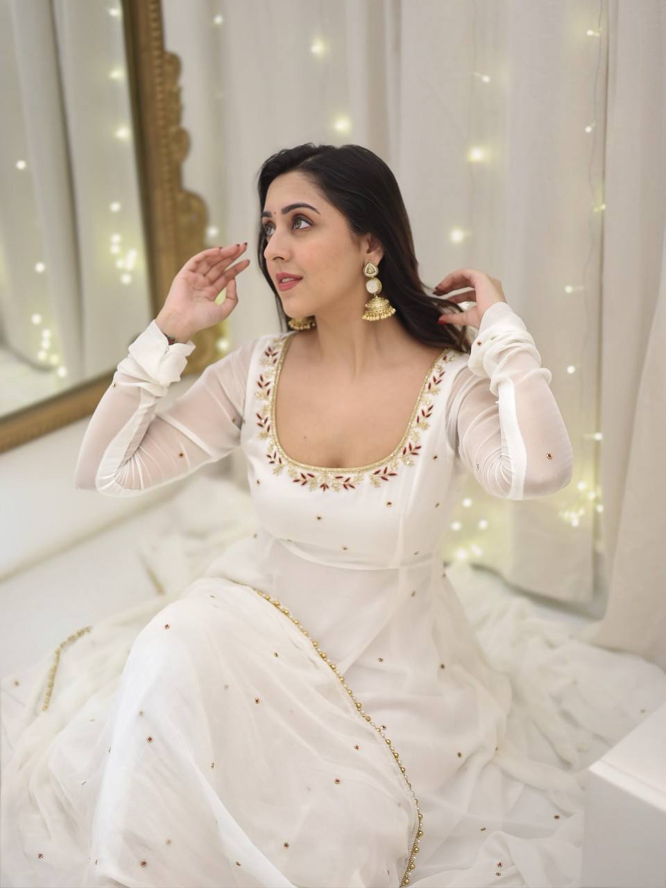 White Designer Faux Georgette Embroidered Gown and Dupatta