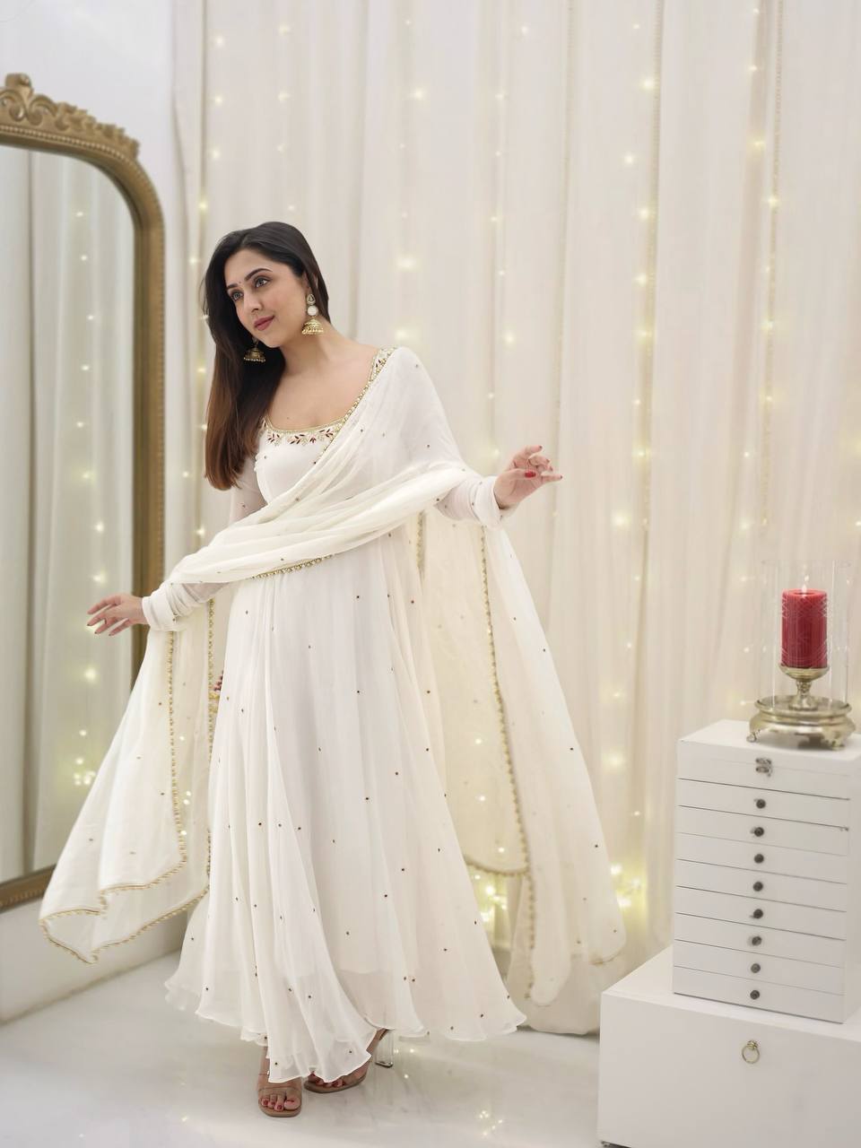 White Designer Faux Georgette Embroidered Gown and Dupatta