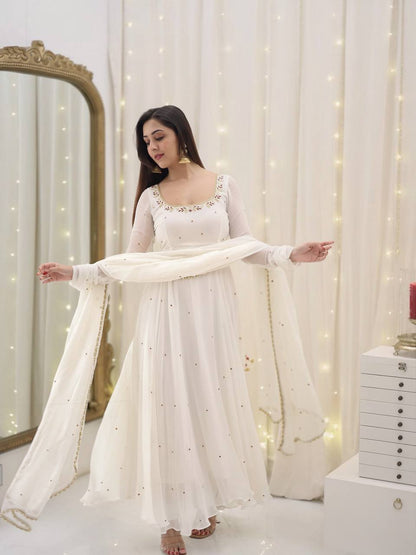 White Designer Faux Georgette Embroidered Gown and Dupatta