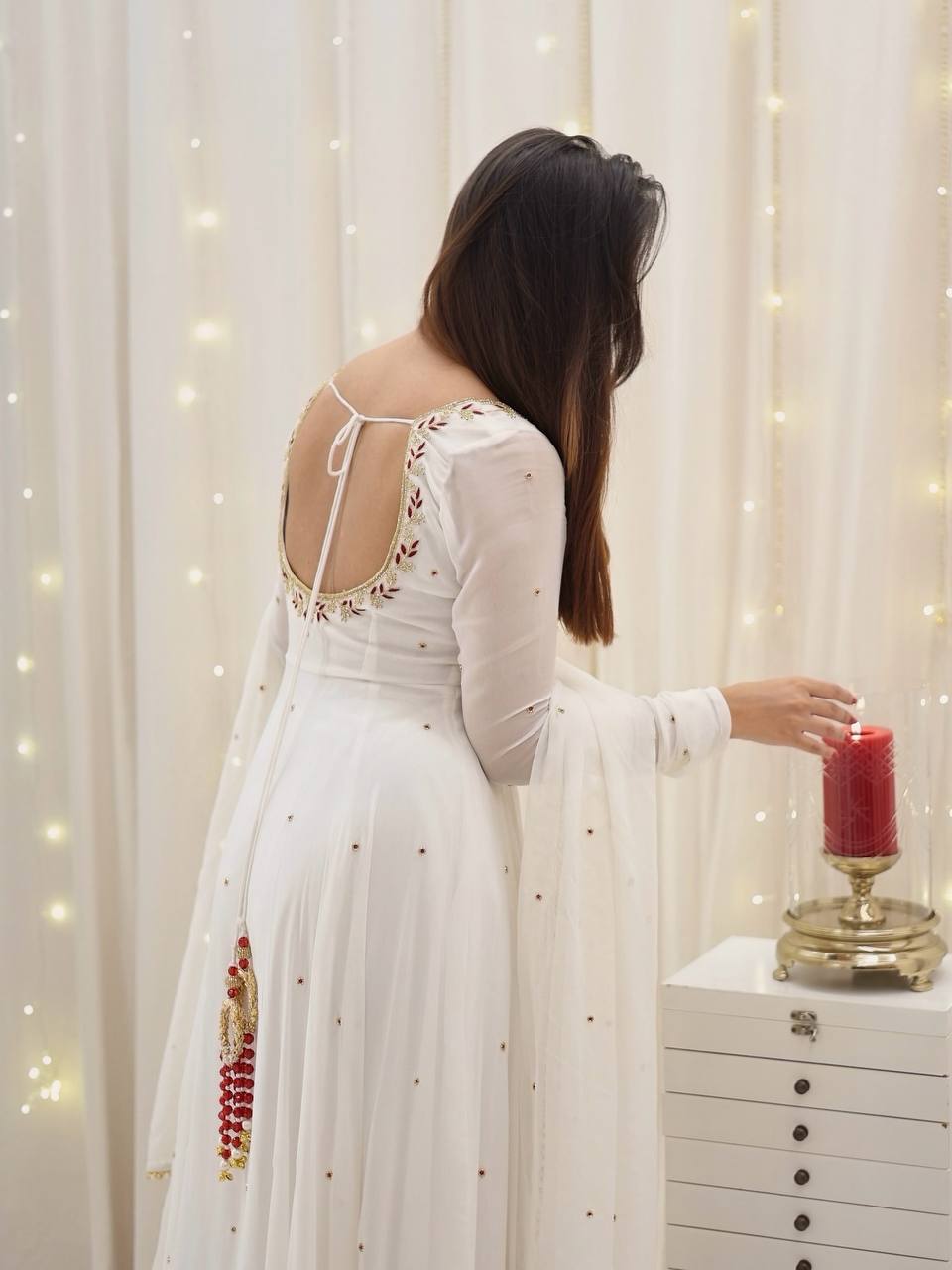 White Designer Faux Georgette Embroidered Gown and Dupatta