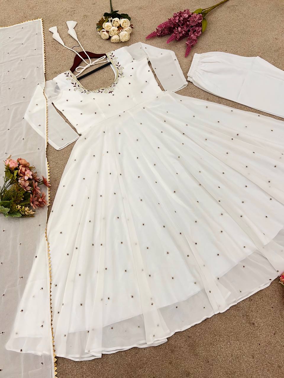 White Designer Faux Georgette Embroidered Gown and Dupatta