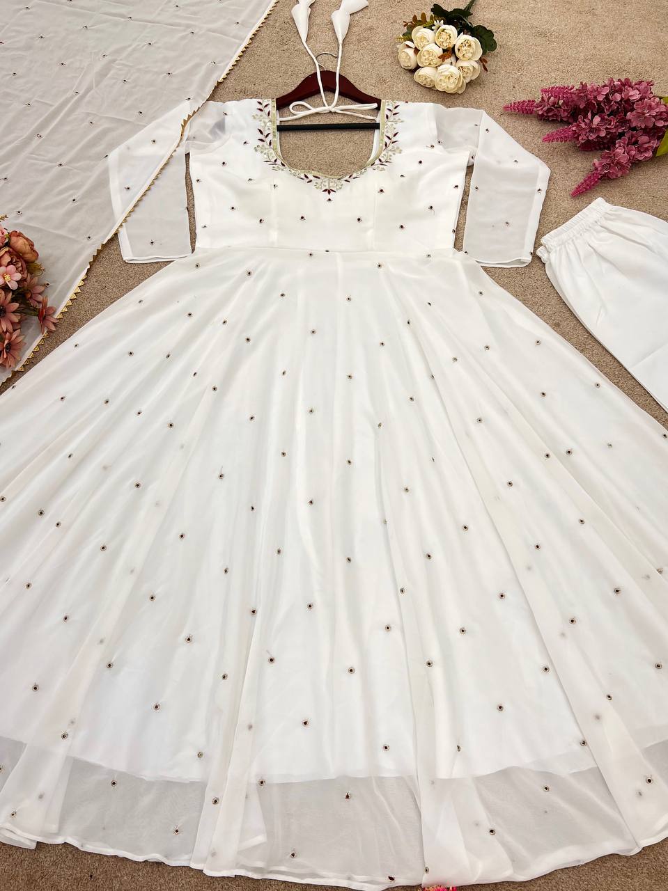 White Designer Faux Georgette Embroidered Gown and Dupatta