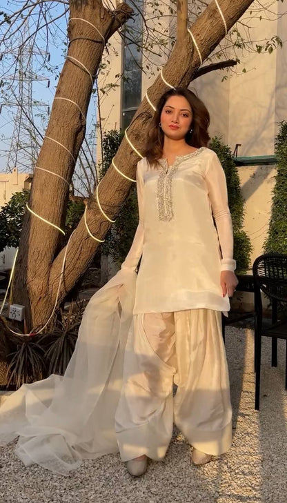 White Designer Faux Georgette Embroidery Sharara Suit and Dupatta