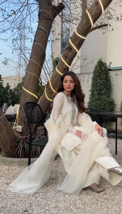 White Designer Faux Georgette Embroidery Sharara Suit and Dupatta