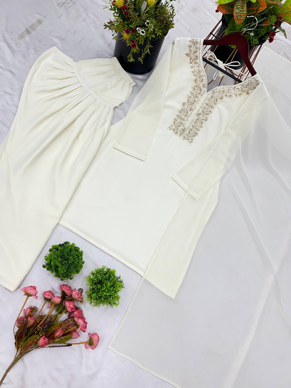White Designer Faux Georgette Embroidery Sharara Suit and Dupatta