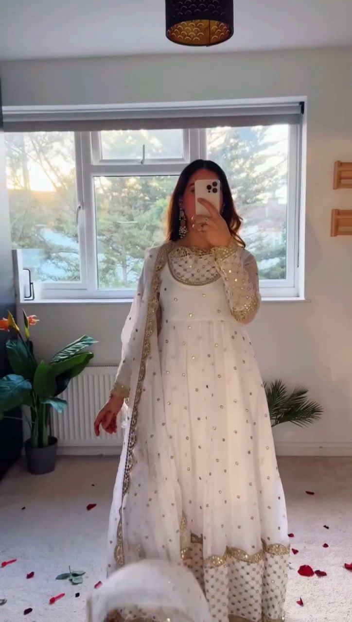 White Designer Faux Georgette Gown with Sequins Work Matching Dupatta