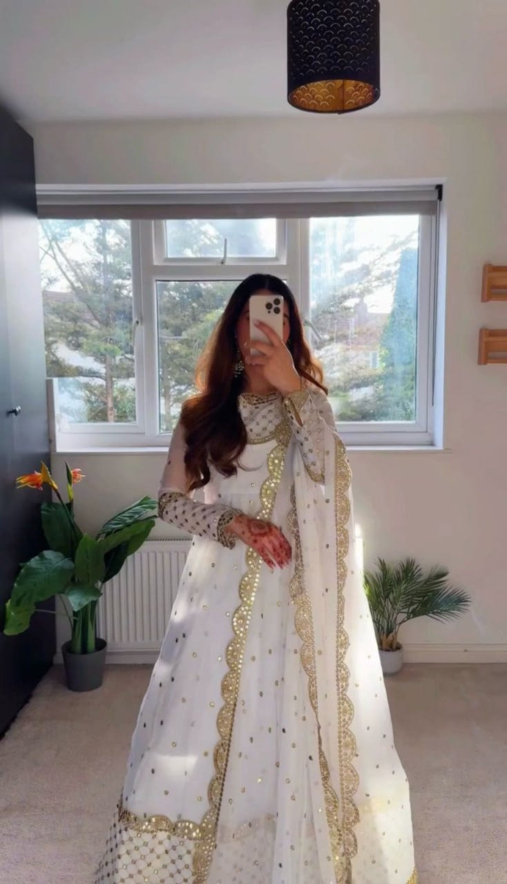 White Designer Faux Georgette Gown with Sequins Work Matching Dupatta