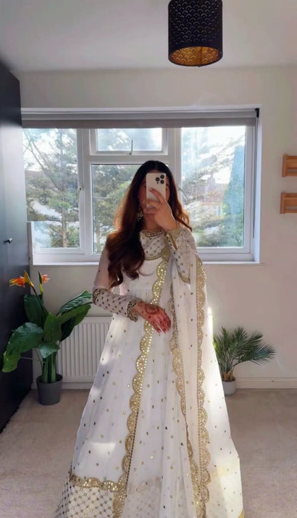 White Designer Faux Georgette Gown with Sequins Work Matching Dupatta