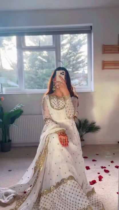 White Designer Faux Georgette Gown with Sequins Work Matching Dupatta