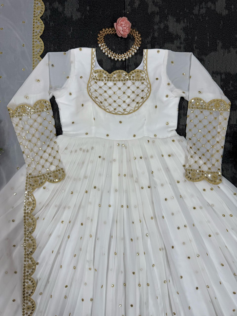 White Designer Faux Georgette Gown with Sequins Work Matching Dupatta