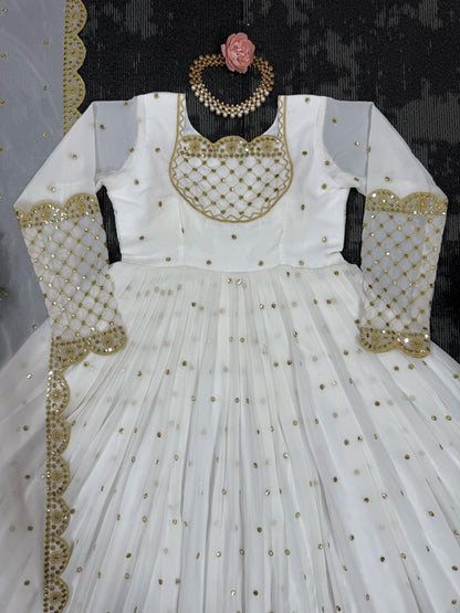 White Designer Faux Georgette Gown with Sequins Work Matching Dupatta