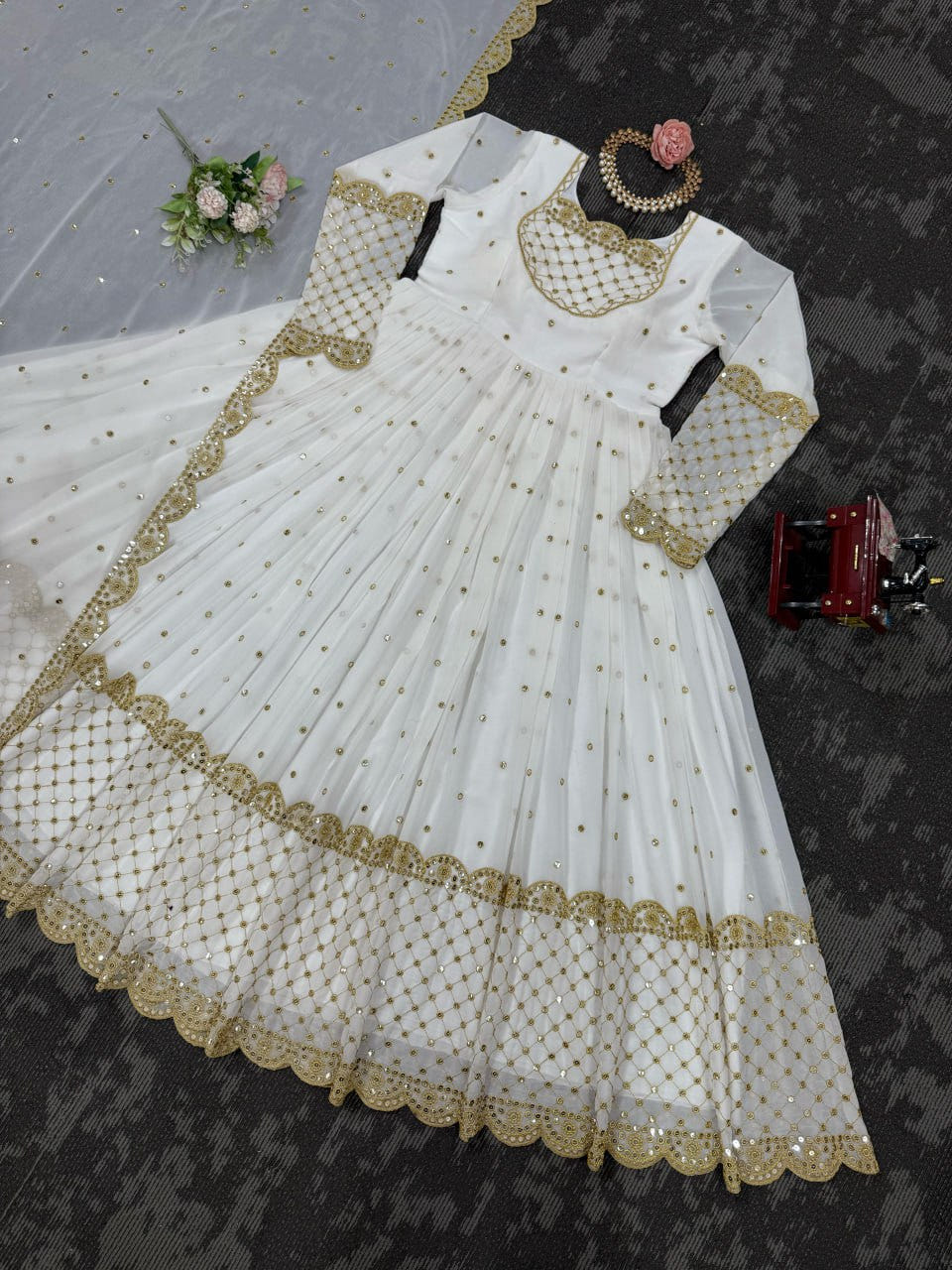 White Designer Faux Georgette Gown with Sequins Work Matching Dupatta