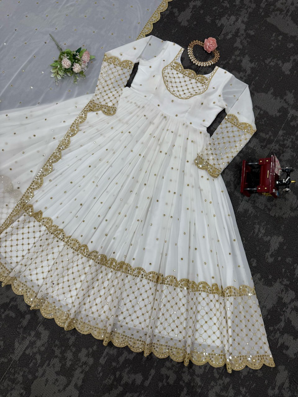 White Designer Faux Georgette Gown with Sequins Work Matching Dupatta