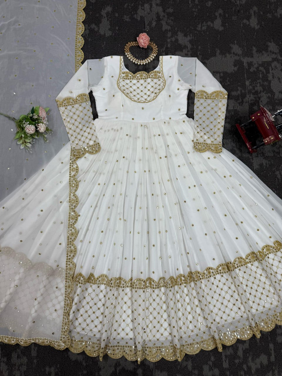 White Designer Faux Georgette Gown with Sequins Work Matching Dupatta
