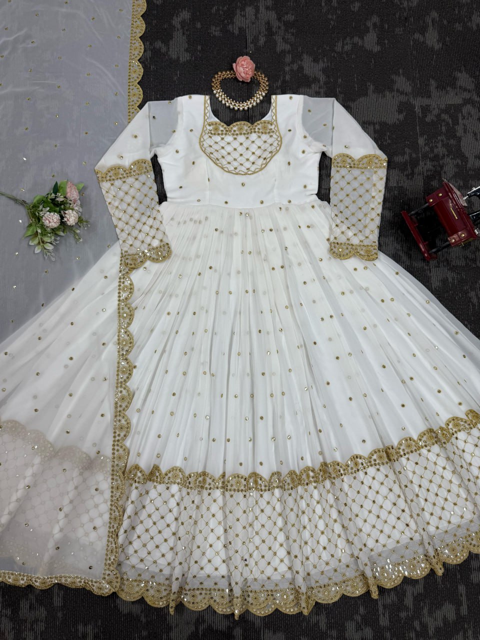 White Designer Faux Georgette Gown with Sequins Work Matching Dupatta