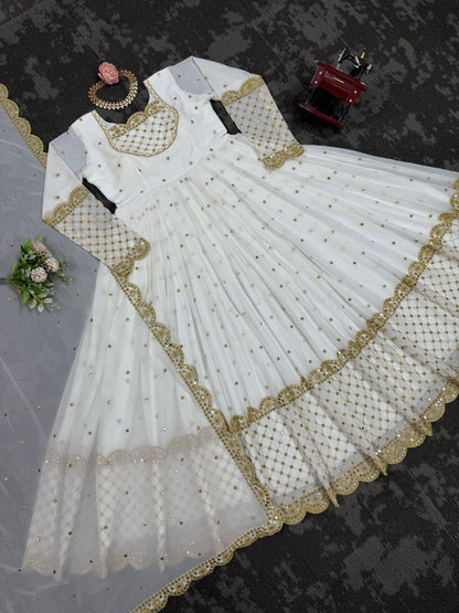 White Designer Faux Georgette Gown with Sequins Work Matching Dupatta