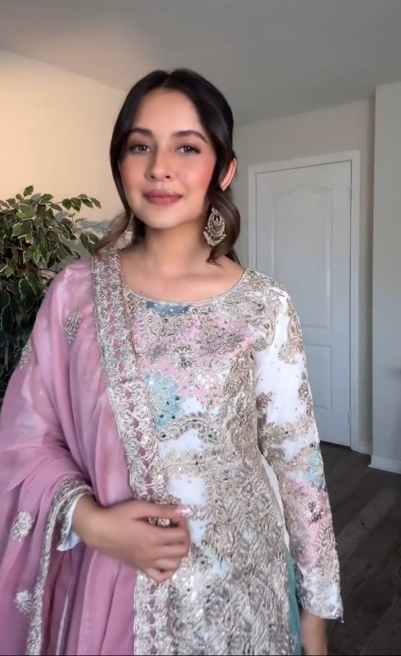 White Designer Faux Georgette Mirror Work Plazzo and Top For Party Wear