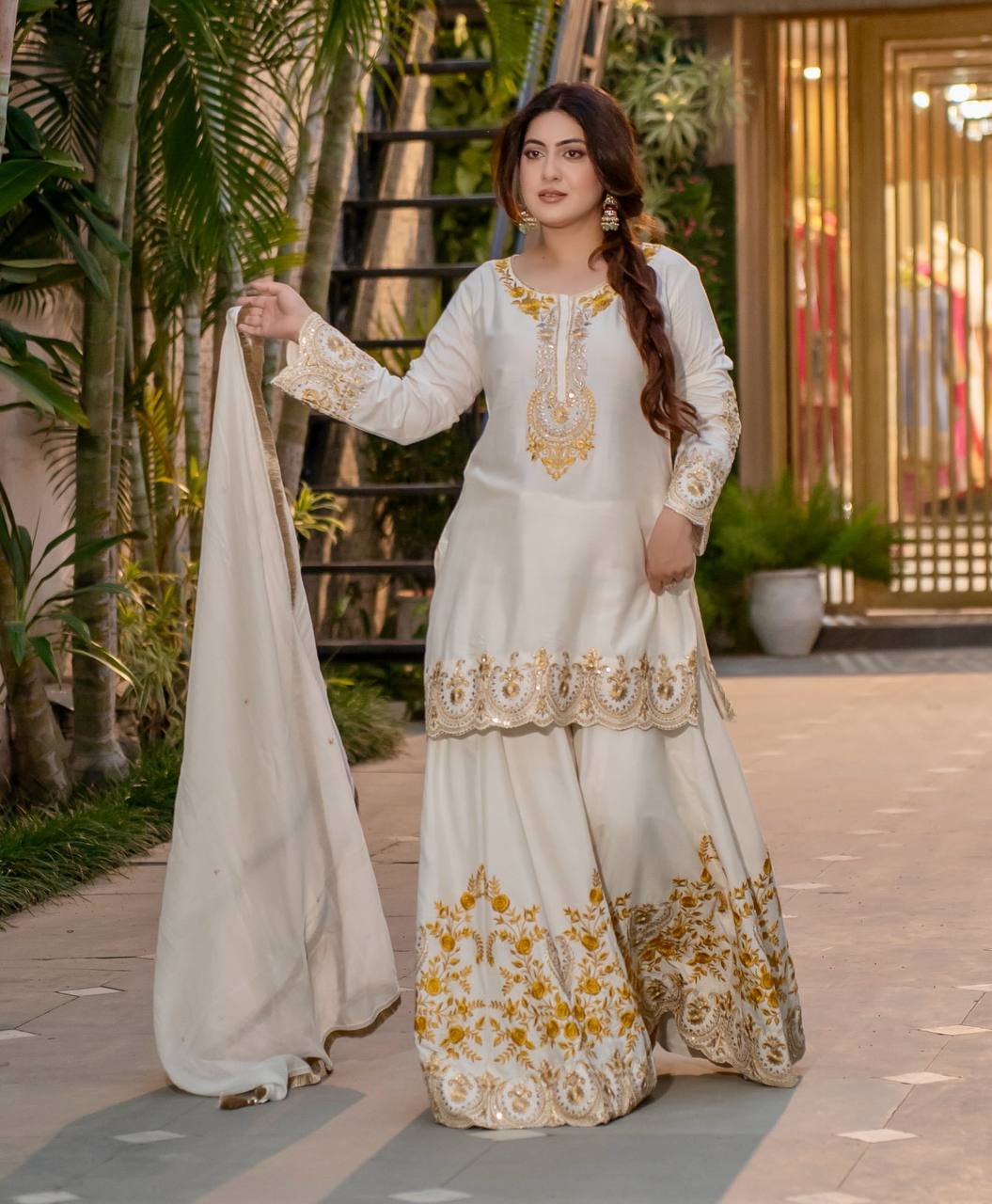 White Designer French Crepe Sharara Palazzo and Top For Party Wear