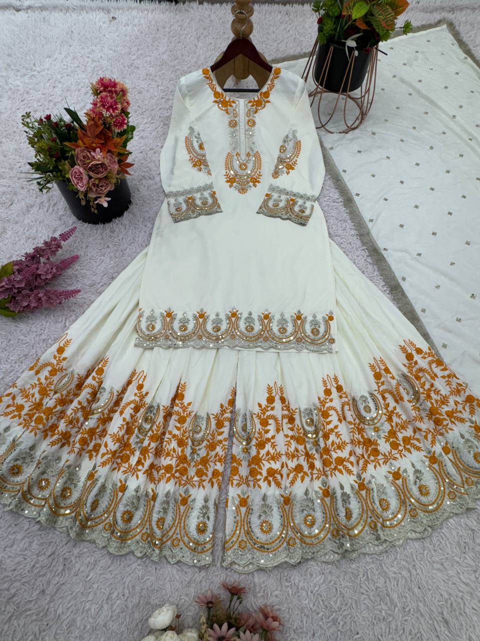 White Designer French Crepe Sharara Palazzo and Top For Party Wear