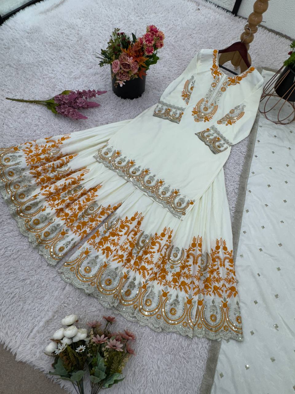 White Designer French Crepe Sharara Palazzo and Top For Party Wear