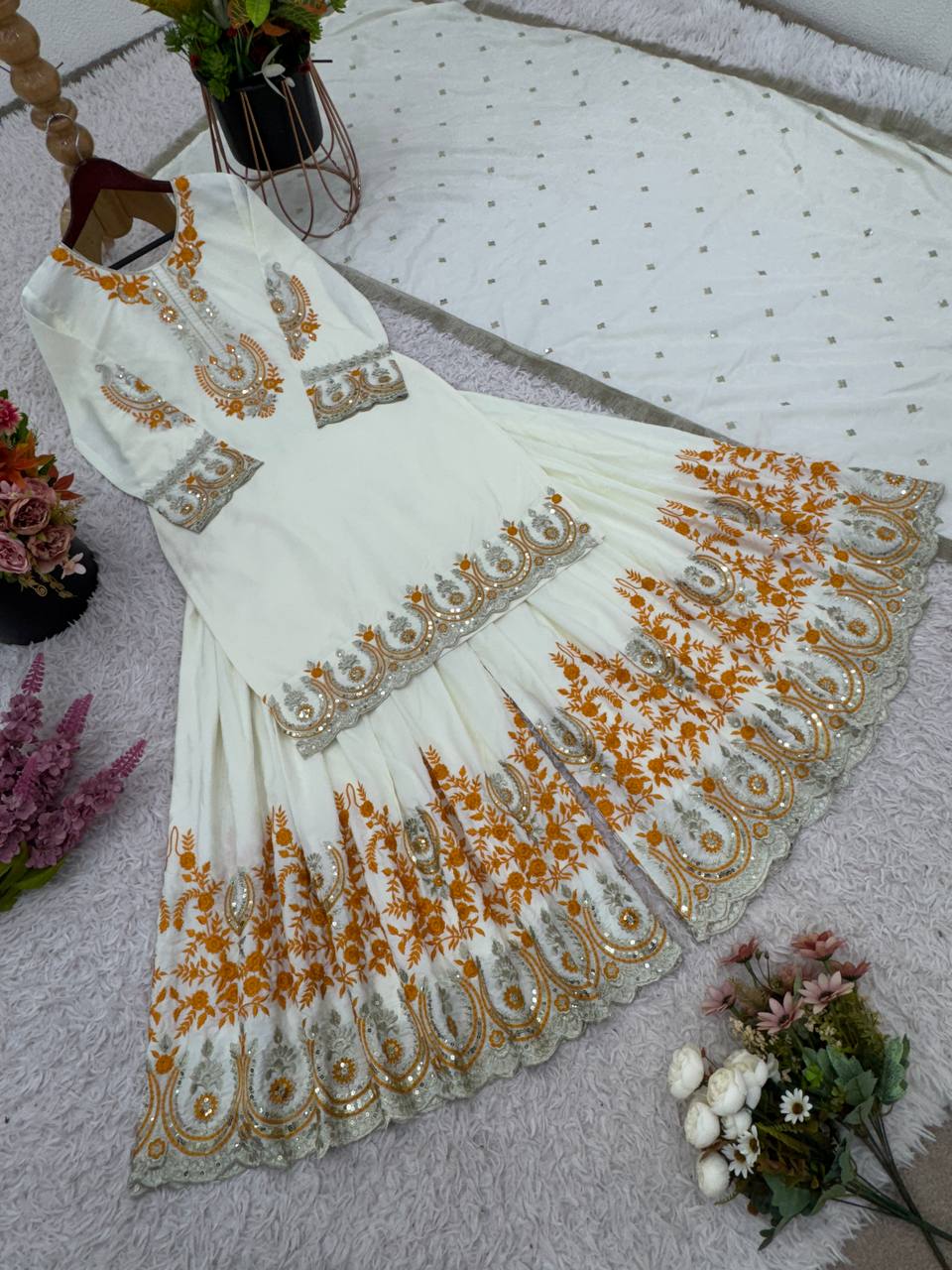 White Designer French Crepe Sharara Palazzo and Top For Party Wear