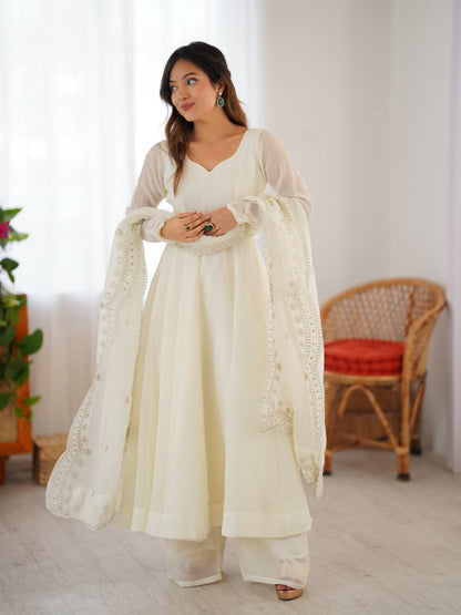 White Designer Heavy Fandy Silk Gown and Dupatta For Party Wear